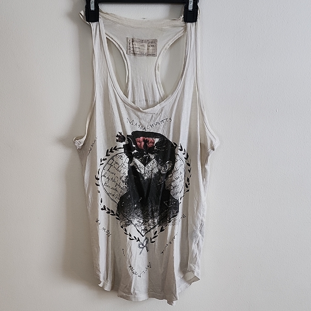 All Saints White Graphic Racerback Tank Top, Casual, Summer, Aged Look, Womens